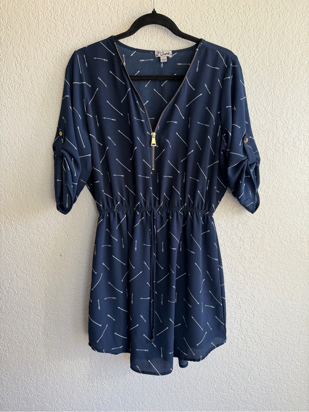 J for Justify Navy Zip-Front Mini Dress with White Linear Print